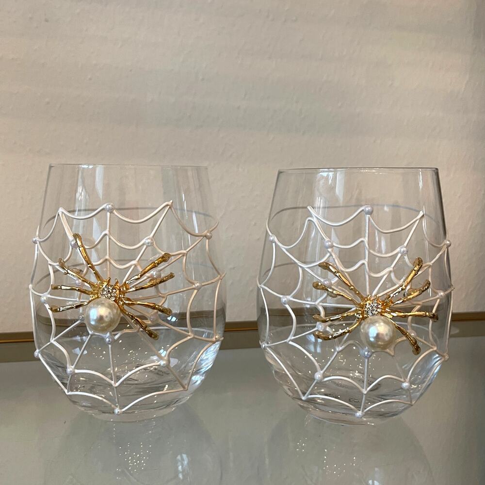 Gorgeous Halloween Jeweled Spider on Web w/ Pearl Stemless Wine Glass Set of 2